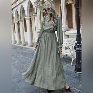 Green Dalmatian All Over Print Ruffle Trim Maxi Dress Long Sleeve